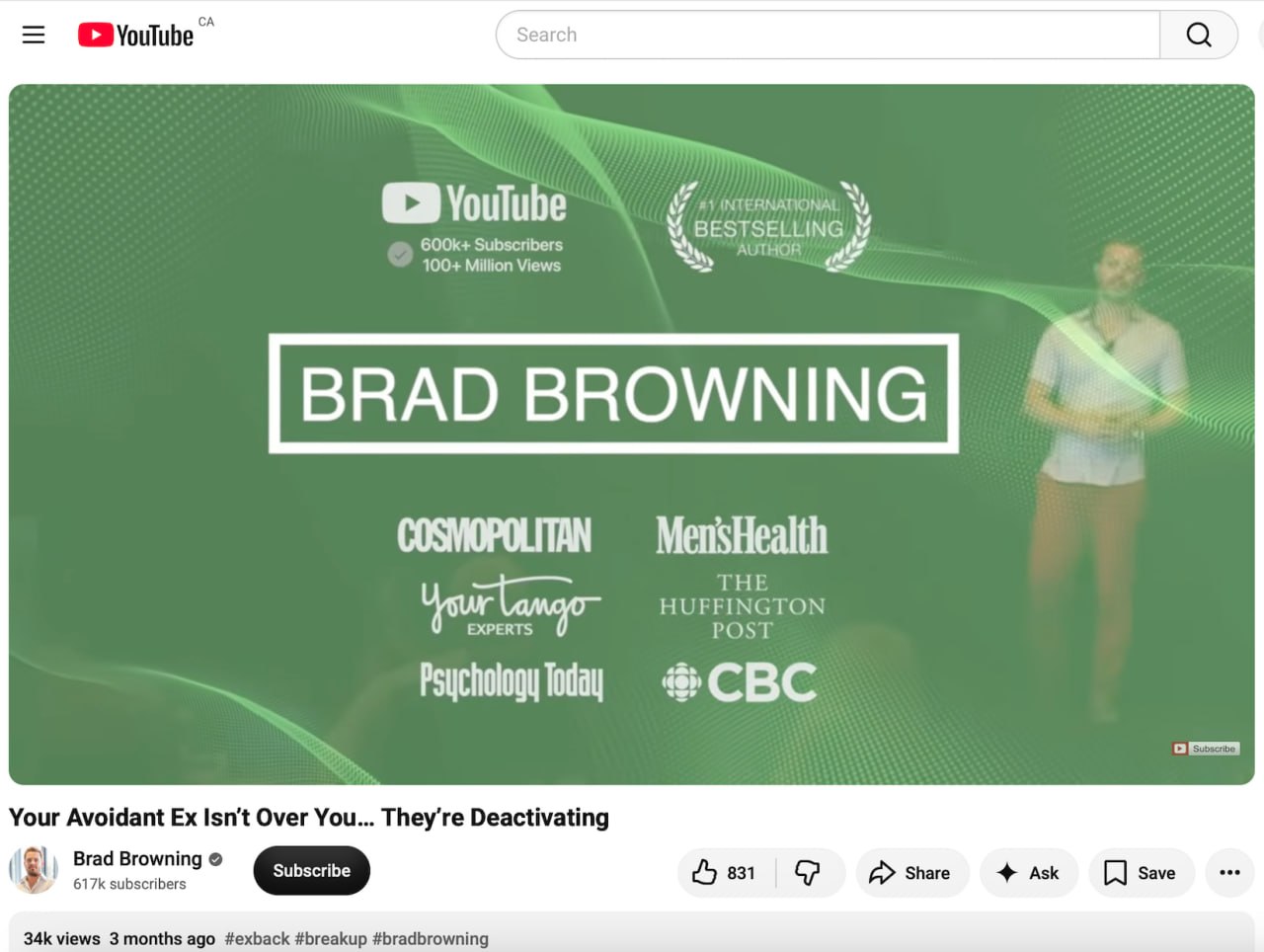 Brad Browning media-credentials graphic shown in his YouTube videos, displaying the logos of Cosmopolitan, Men's Health, Psychology Today, The Huffington Post, CBC and others alongside the claim "#1 International Bestselling Author".